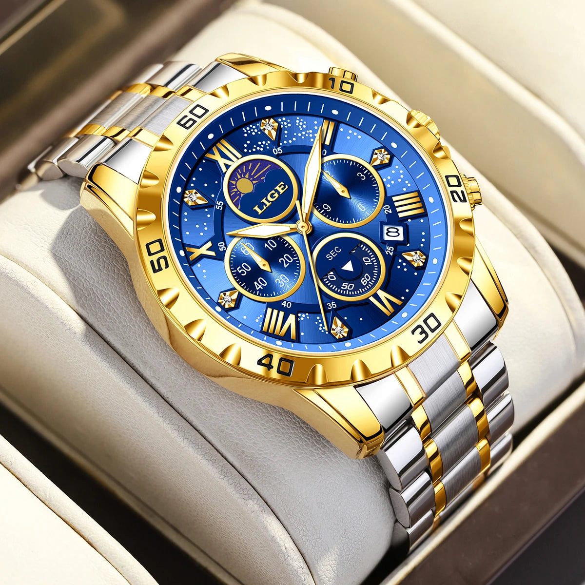 LIGE Top Brand Luxury Quartz Man Watch Casual Sport Stainless Luminous Waterproof Chronograph 24H Moon Phase Watches for Men+Box