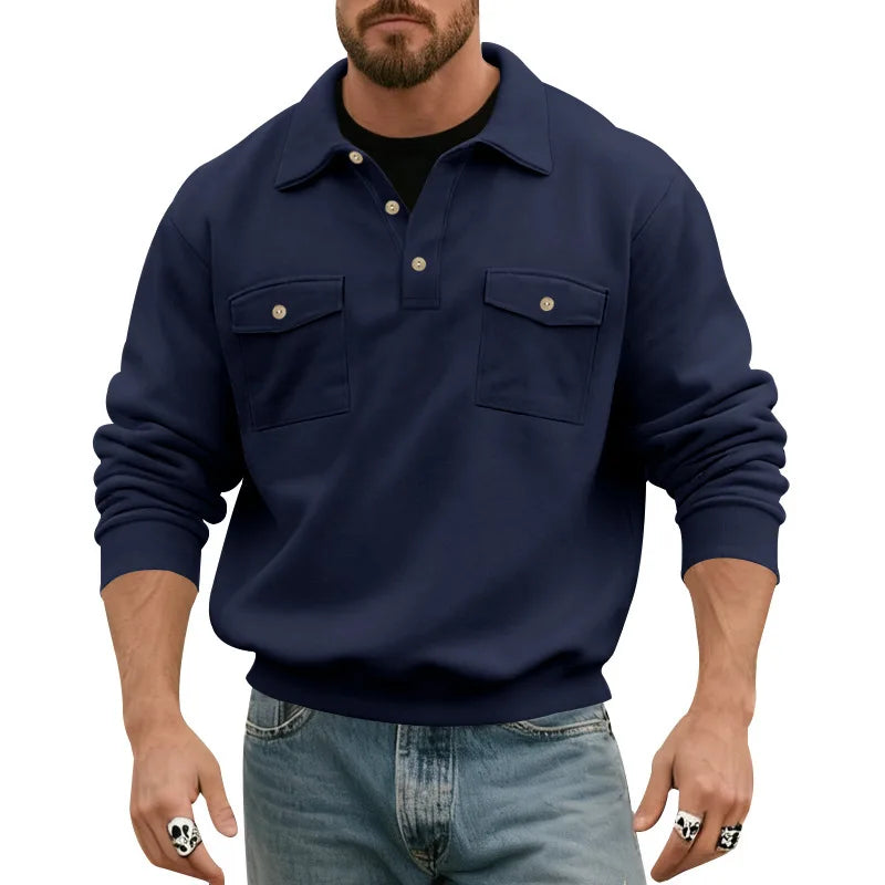Men's 2026 European Size Heavyweight Sweatshirt, American Spring Autumn, Double Pocket Cargo Moto Style, Casual Turn-Down Collar