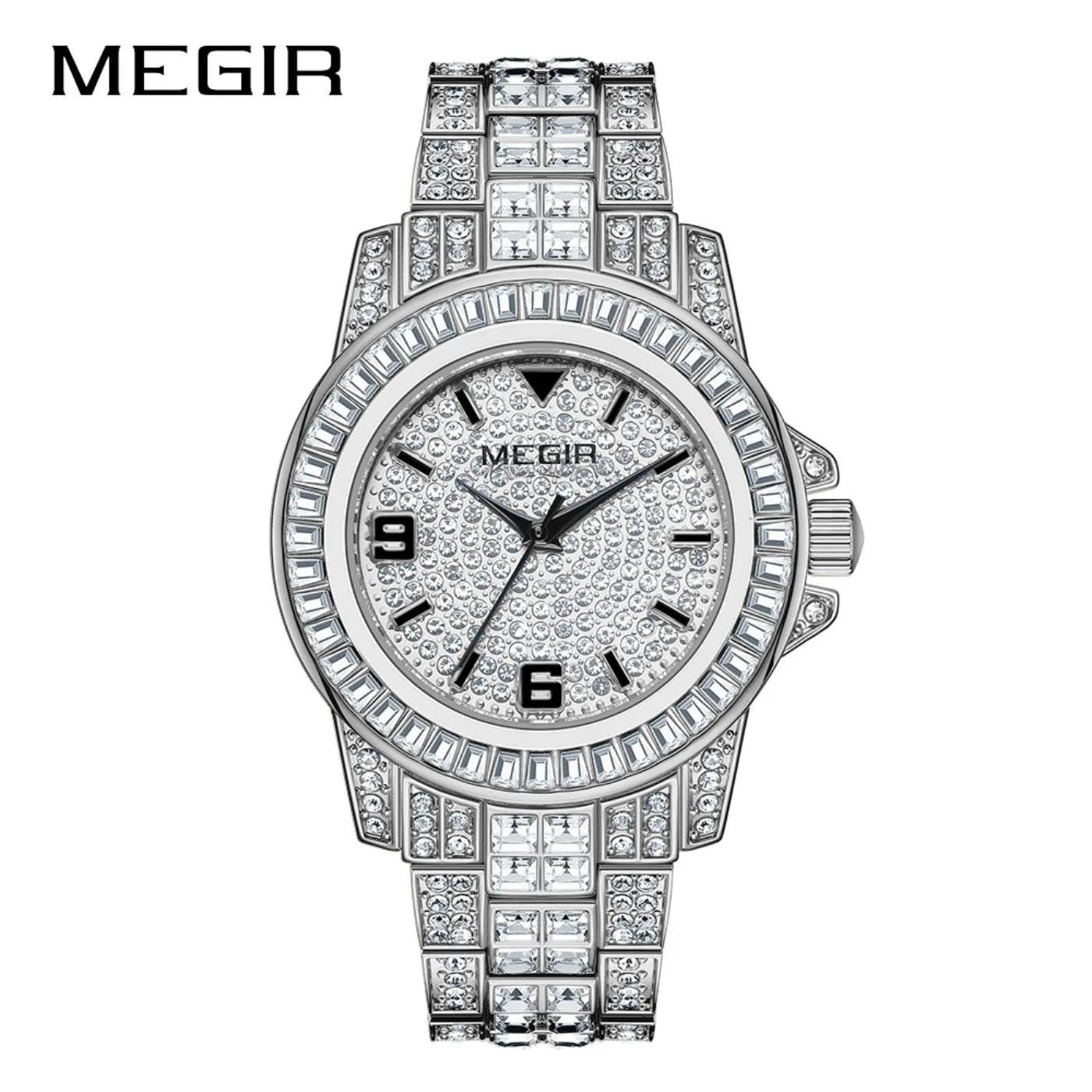 MEGIR Luxury Diamond Watches Unisex Fashion Analog Quartz Watch Bracelet Wristwatch Men Rhinestone Strap Relogios Masculino