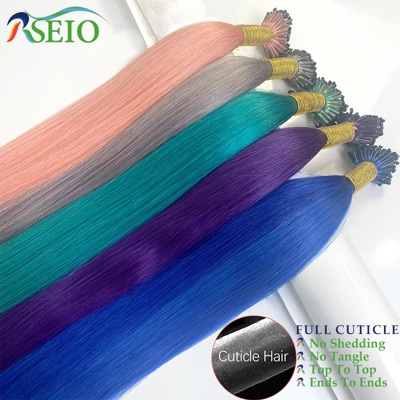 RESIO Color  8D Tip Hair Extensions 100% Real Human Hair Microbeads Extensions Color Purple Blue Pink Gray 18-20inch 0.5g/Strand