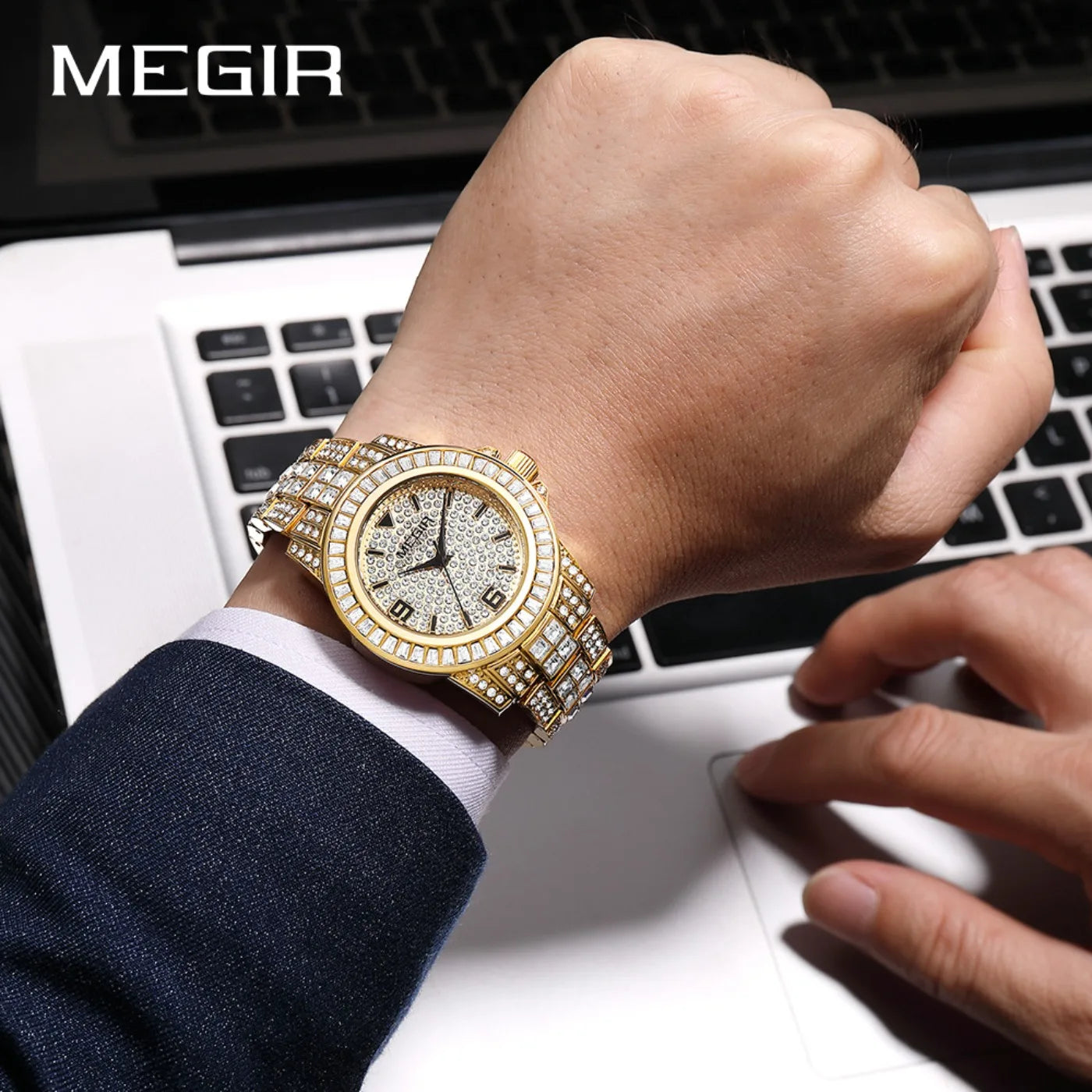 MEGIR Luxury Diamond Watches Unisex Fashion Analog Quartz Watch Bracelet Wristwatch Men Rhinestone Strap Relogios Masculino
