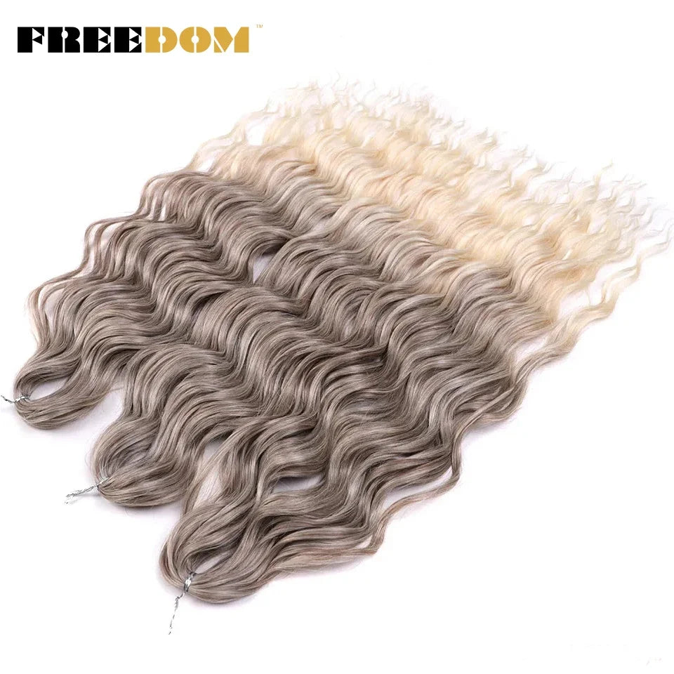 FREEDOM Synthetic Curly Braiding Hair Extensions 24 Inch/60 cm Long Deep Wavy Twist Crochet Braids Hair Ombre Brown Rainbow Hair