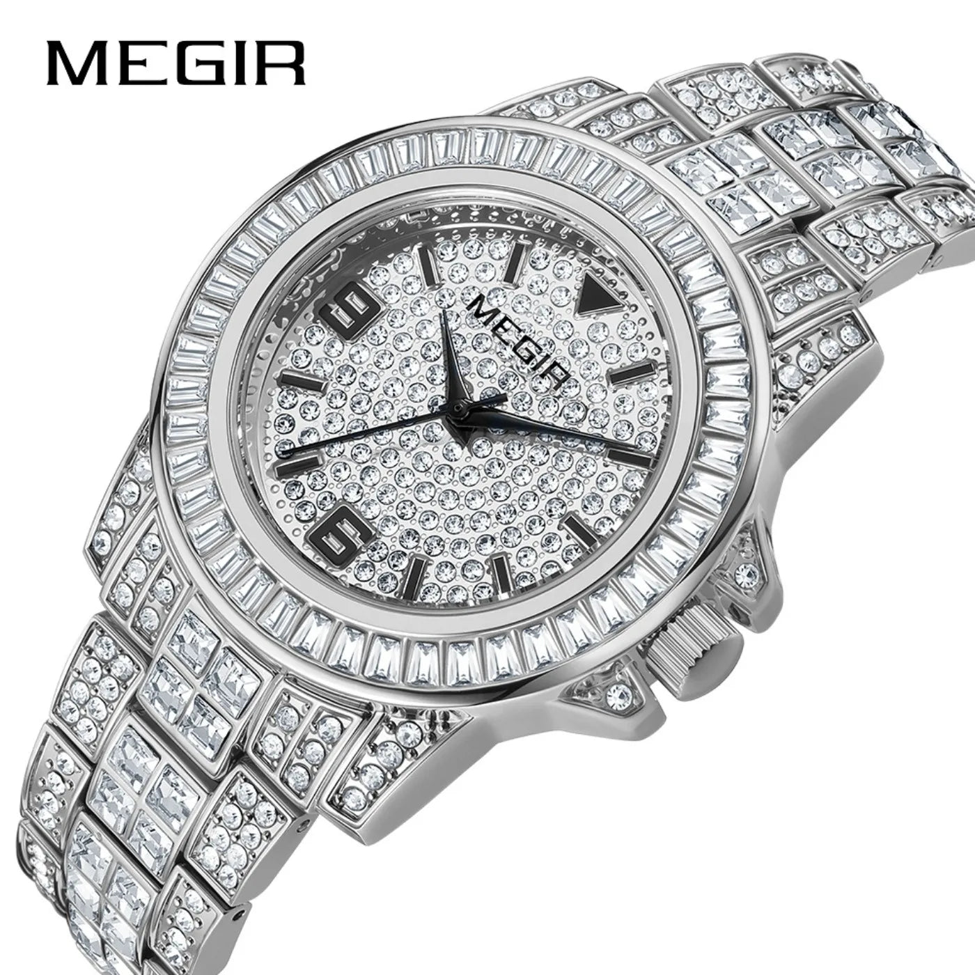 MEGIR Luxury Diamond Watches Unisex Fashion Analog Quartz Watch Bracelet Wristwatch Men Rhinestone Strap Relogios Masculino