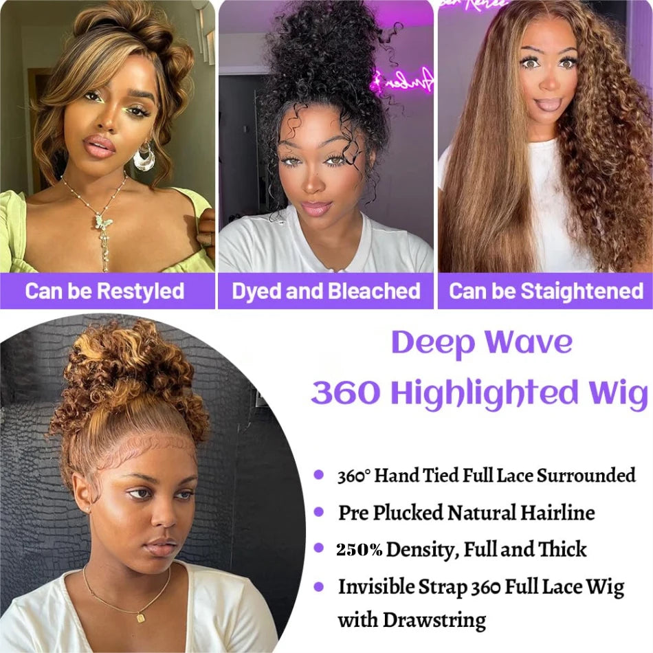 Highlight Ombre Hidden Strap 360 Drawstring Wigs Human Hair Pre Plucked Pre Bleached 260 Density Deep Wave Full Lace Frontal Wig