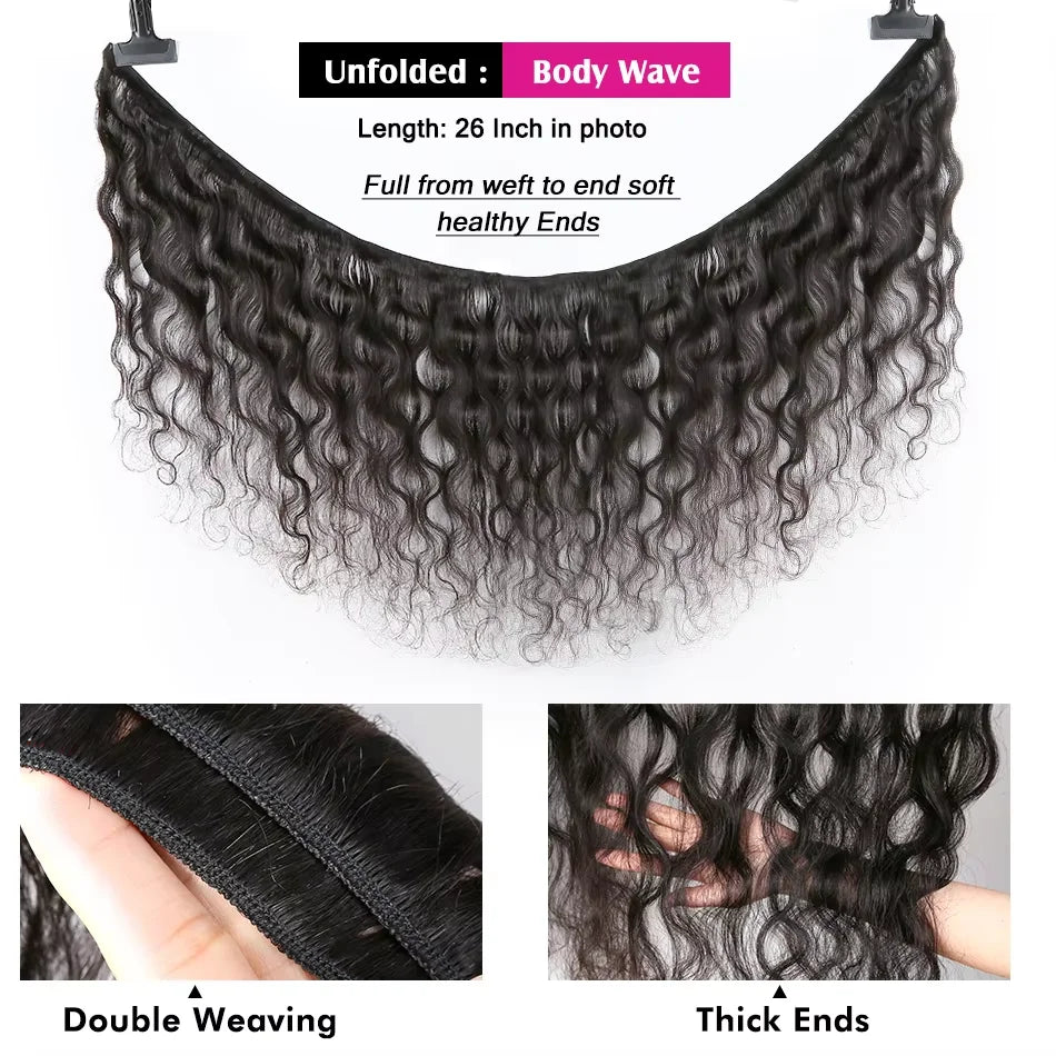 Body Wave Human Hair Bundles with Frontal Malaysian Virgin Hair Weave 3 Bundles with 13x4 Lace Frontal Hair Natural Black