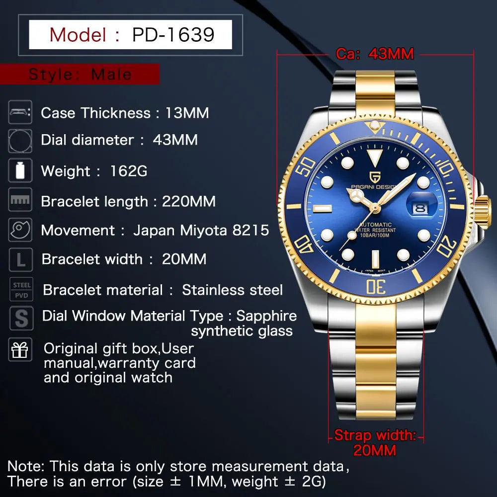 PAGANI DESIGN Luxury Men's Automatic Watch Sapphire Glass Diving Machinery Watch Men's Stainless Steel Business Watch Gift Box