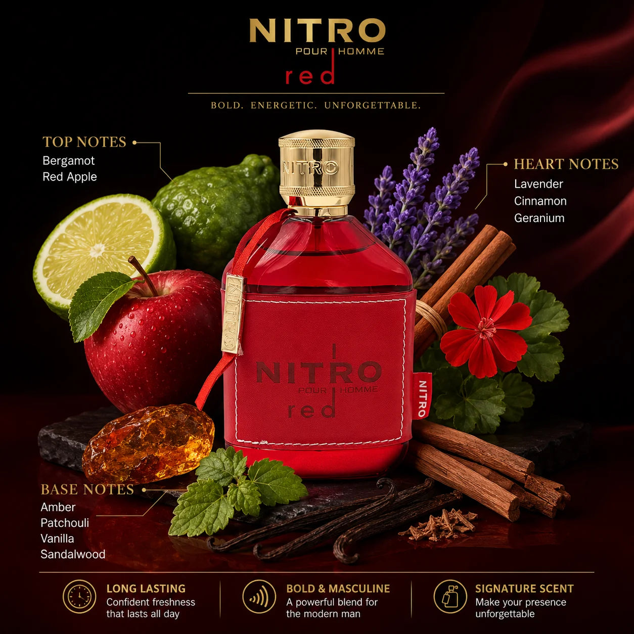 Dumont Nitro Red Pour Homme Eau de Parfum for Men, 3.4 Fl Oz / 100ml, Bold Masculine Fragrance Spray with Red Bottle and Gift Box for Daily Wear, Date Night and Special Occasions
