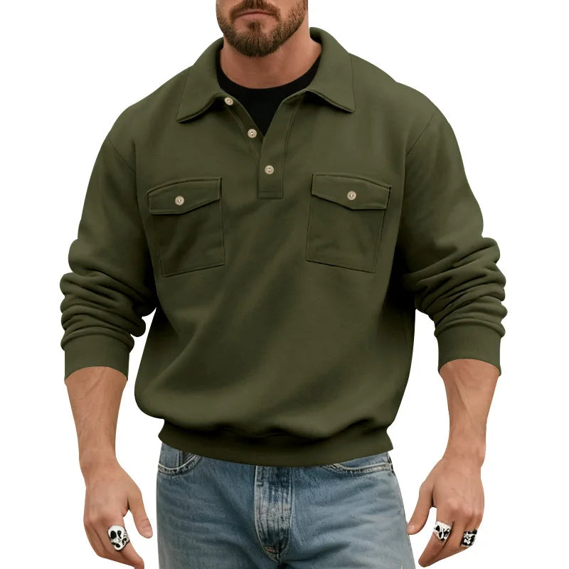 Men's 2026 European Size Heavyweight Sweatshirt, American Spring Autumn, Double Pocket Cargo Moto Style, Casual Turn-Down Collar