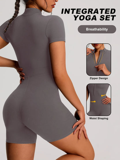 developed 1pc Solid Color Women's Sport Zip-up Stand-up Collar Casual Bodysuit Jumpsuit, Short Sleeves, Zipper Design