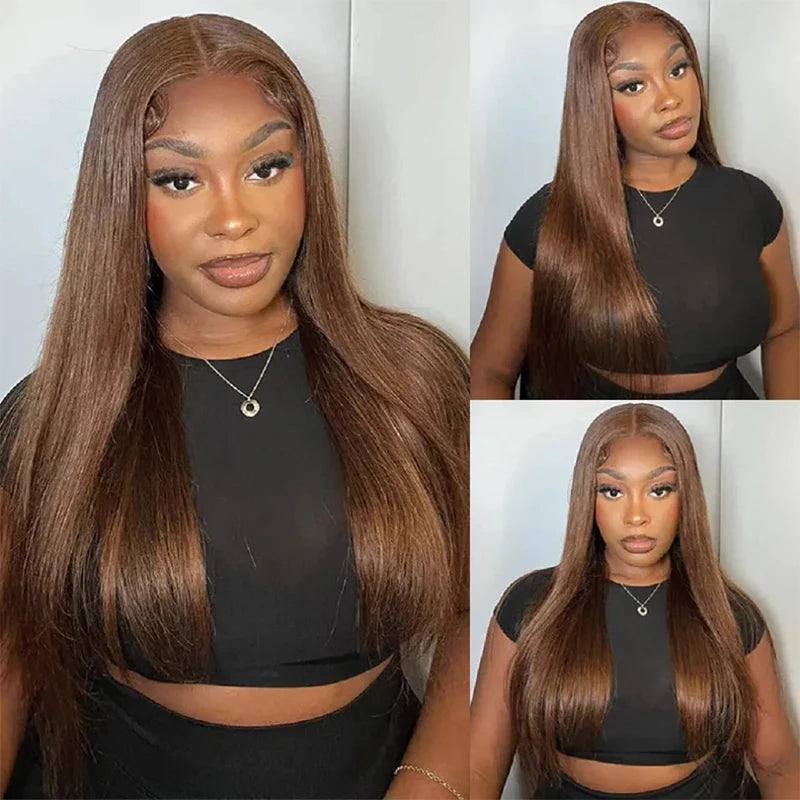220% Density 34 Inch Chocolate Brown Bone Straight Lace Front Human Hair Wig Straight Wig 13x6 Transparent HD Lace Frontal Wigs