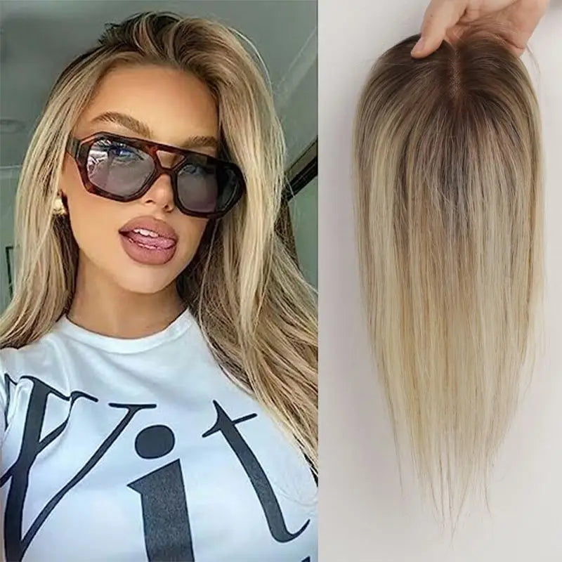 12 Inch Light Brown Ombre Middle Part Lace Front Topper 100% Remy Human Hair Topper Hair Pieces with Clips Extensions for Women