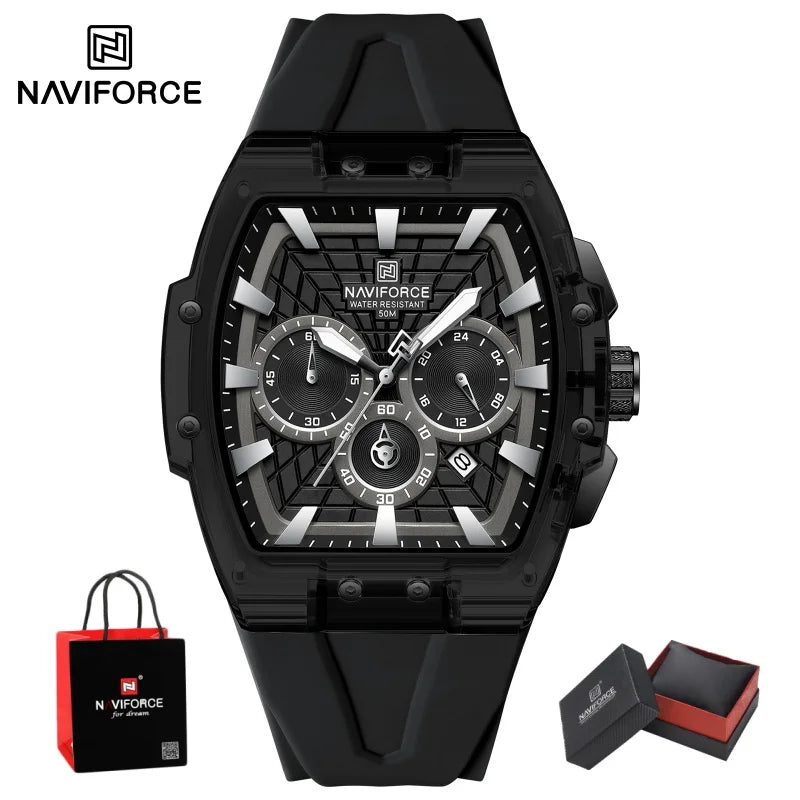NAVIFORCE Mens Sport Watches 5ATM Waterproof Chronograph Tonneau Silicone Strap Luminous Casual Quartz Male Wristwatch Gifts box