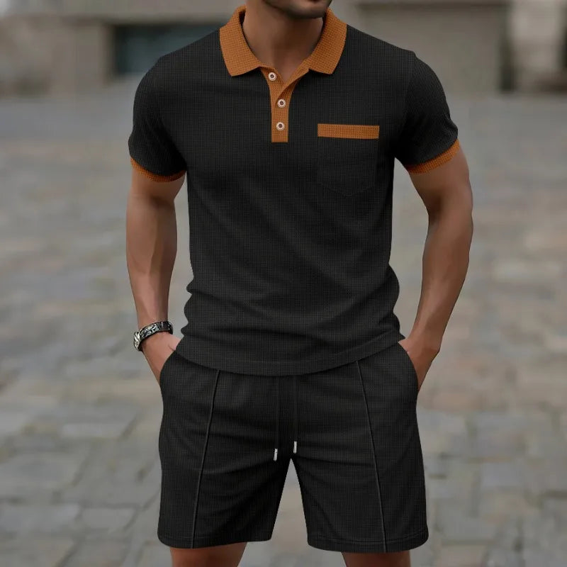 2026 Latest Summer Men's Fashion Casual Trendy Sports Contrast Collar Shirt and Drawstring Shorts 2-piece Fashion Casual Set
