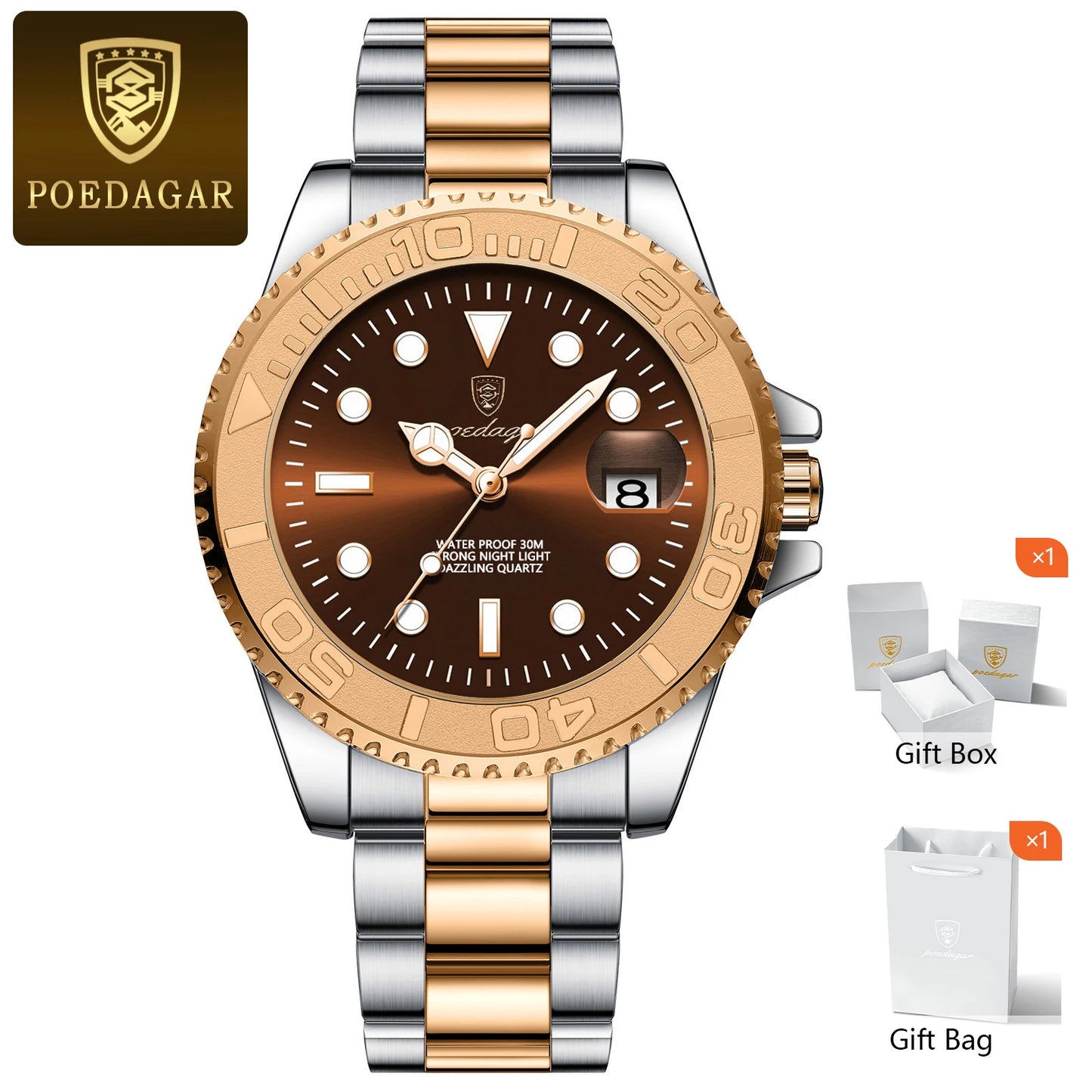 POEDAGAR Trendy Sport Man Watch Luminous Waterproof Stainless Steel Date Men Wristwatch Luxury Business Men's Quartz Watches+Box