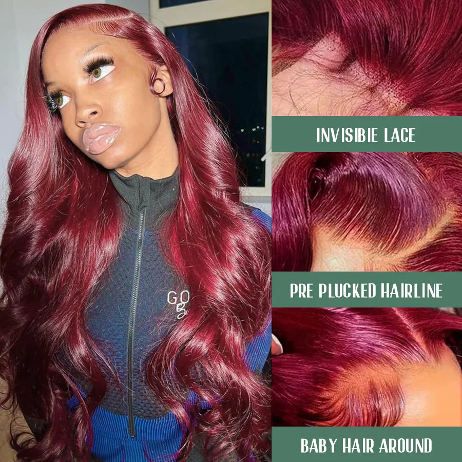 Body Wave Burgundy 40 Inches Long-length 200% High Density 13x6 13x4 HD Transparent Lace Frontal Wig Human Hair Wigs 99J Wine Red Pre Plucked Brazilian Hair For Women