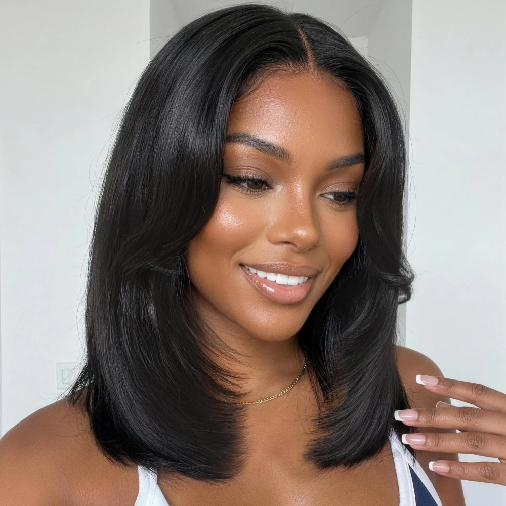UNice Layered Cut Straight Bob Wig With Curtain Bang No-Slip 7x5 Lace Pre Cut Pre Bleached Glueless Wig Human Hair Ready To Wear
