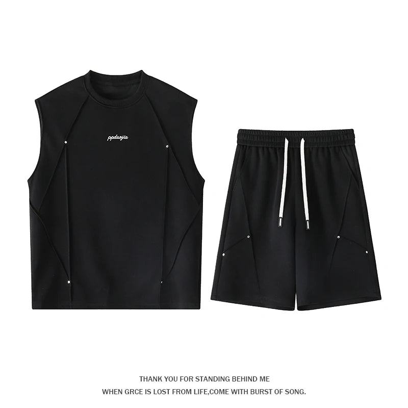 For Men's Splicing Summer Simple Breathable Round Neck Vest Shorts Five-point Pants Set Casual Rivet Decorative Sports Vest Top