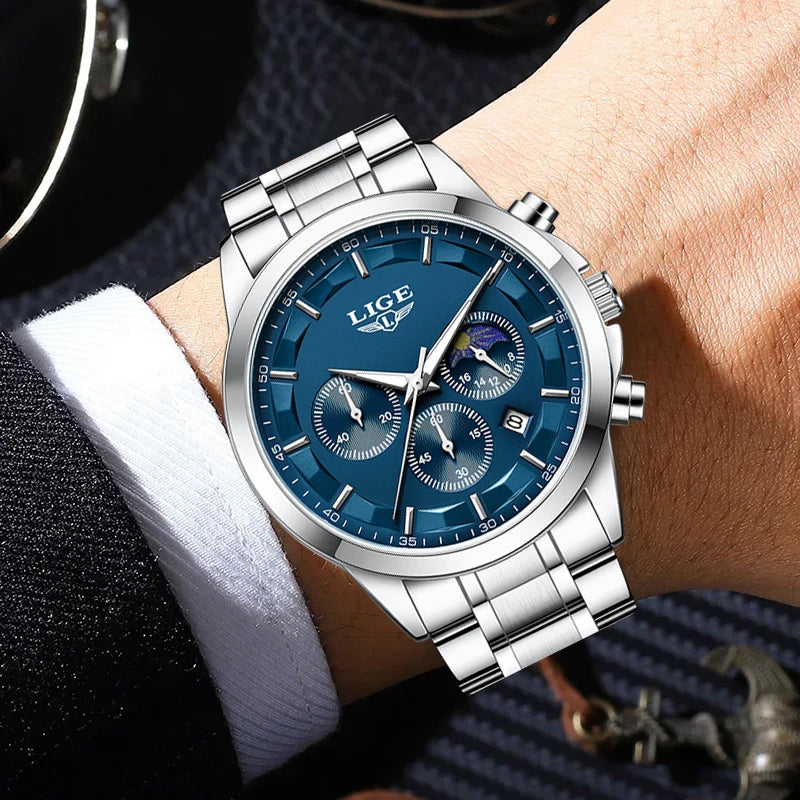 LIGE Luxury Fashion Quartz Man Watch Classic Business Auto Date Gentlemen Steel Band Moon Phase Waterproof Watches for Men Male