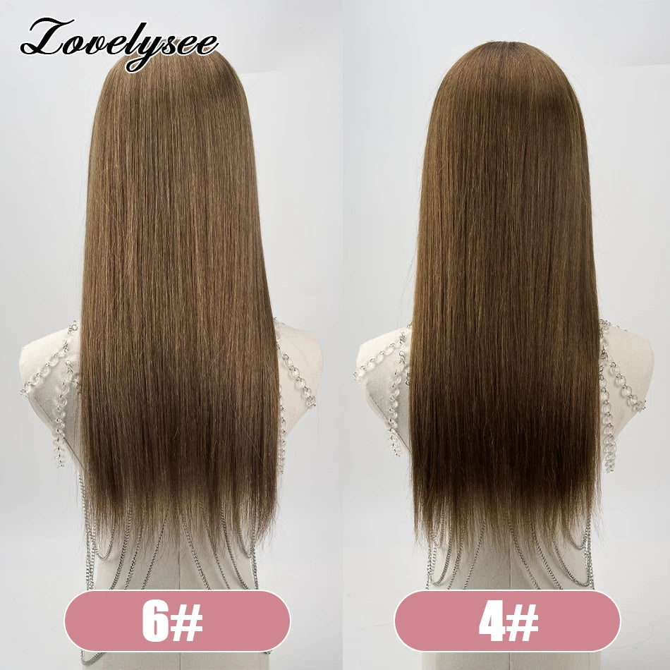 Lovelysee 3/4 Half Wig Human Hair With Clip in Hair Extensions Silky Straight Remy Hair Brown Color Soft 150% 180% Wig For Women