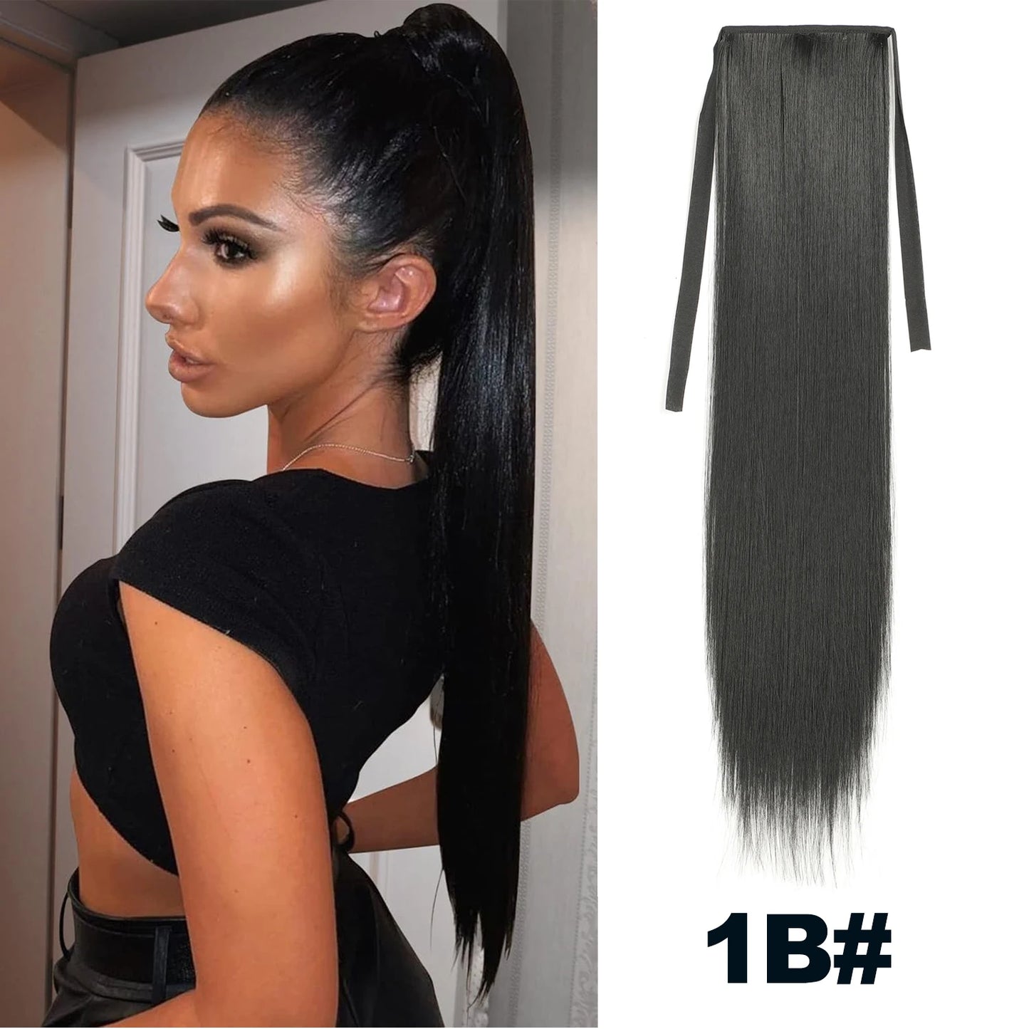 Straight Long Ponytail Extensions 22inch Natural Black Wrap Around Synthetic Hair Piece Pony Tail Hair Hairpieces for Women Girl