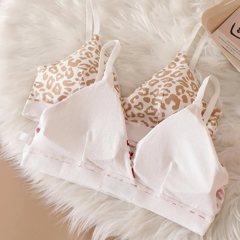 Women Push-Up Bra And Panties Set V-neck Non-wire Bra Low Waist Briefs Female Sexy Lingerie Cotton Leopard Print Underwear Set
