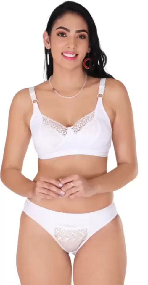 Women's Bra & Panty Set Self Design White Lingerie Set (Size 36)