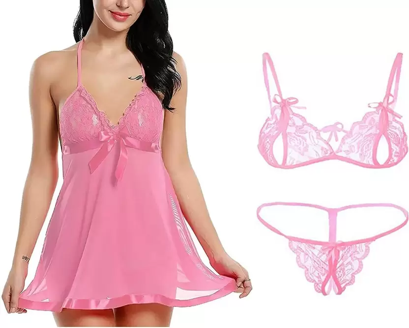 Women's Bra & Panty Set Self Design Pink Lingerie Set (Size 40)